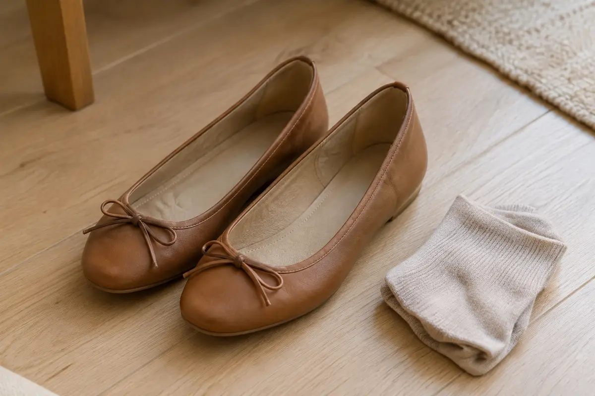 Paire de ballerines posée sur un parquet clair pour illustrer un essayage à domicile