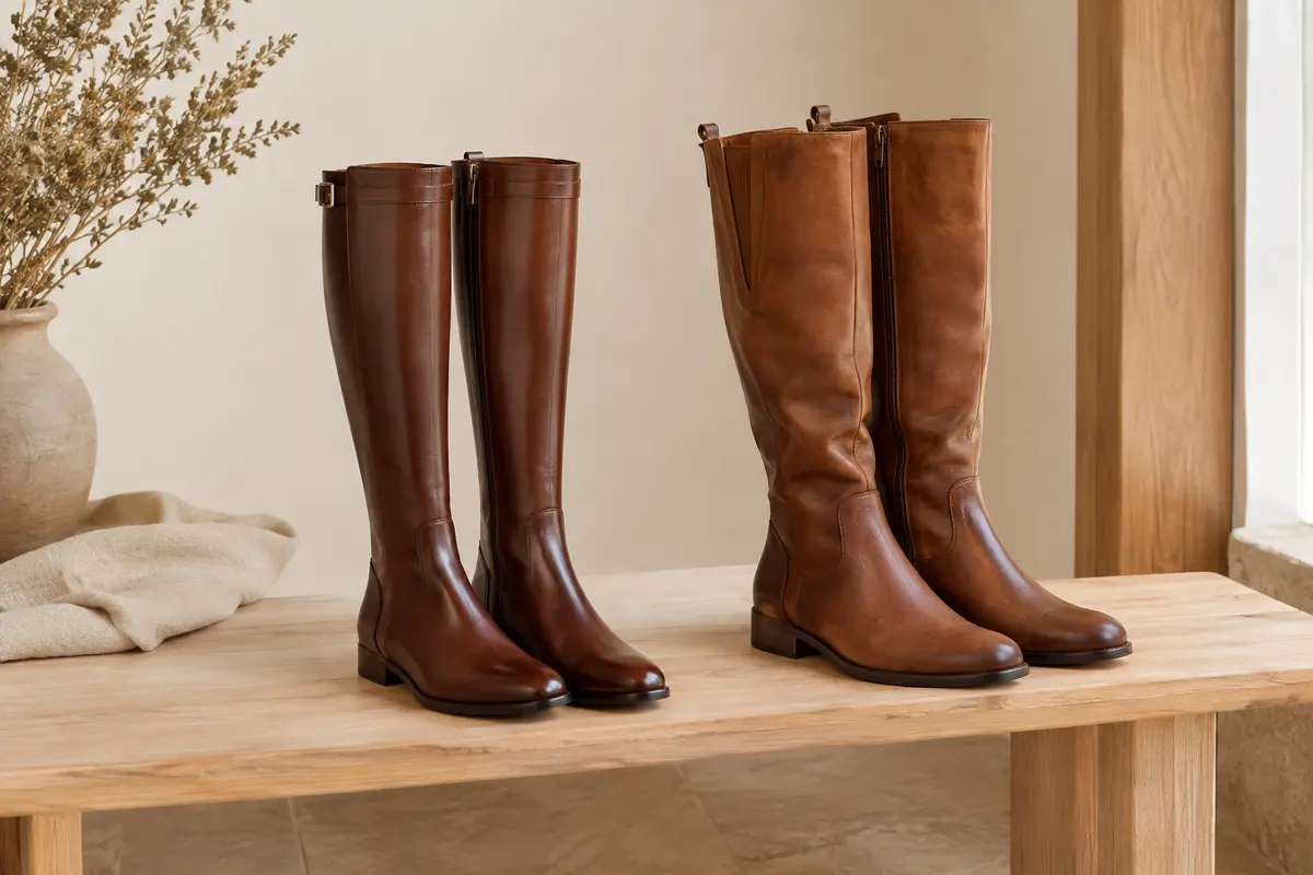 Deux paires de bottes hautes aux tiges de coupes différentes, présentées côte à côte.