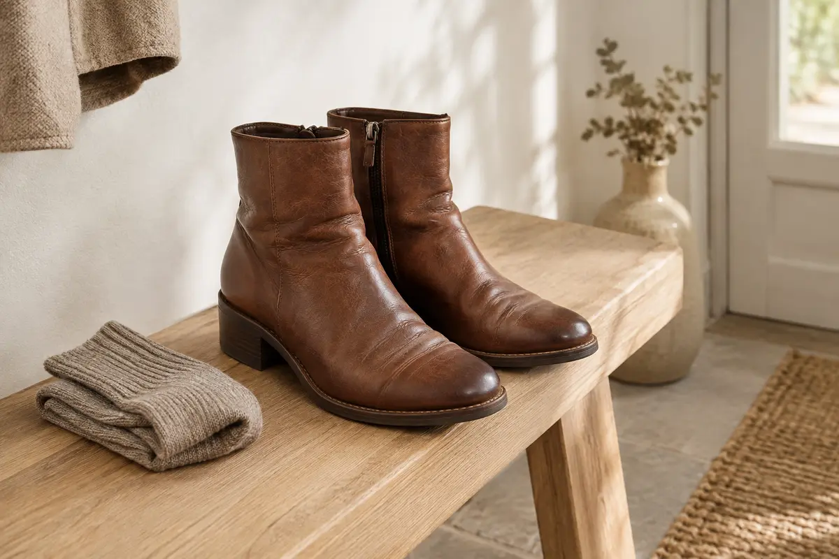 Bottines en cuir brun posées près d’une chaussette, avec leurs coutures et leur texture visibles