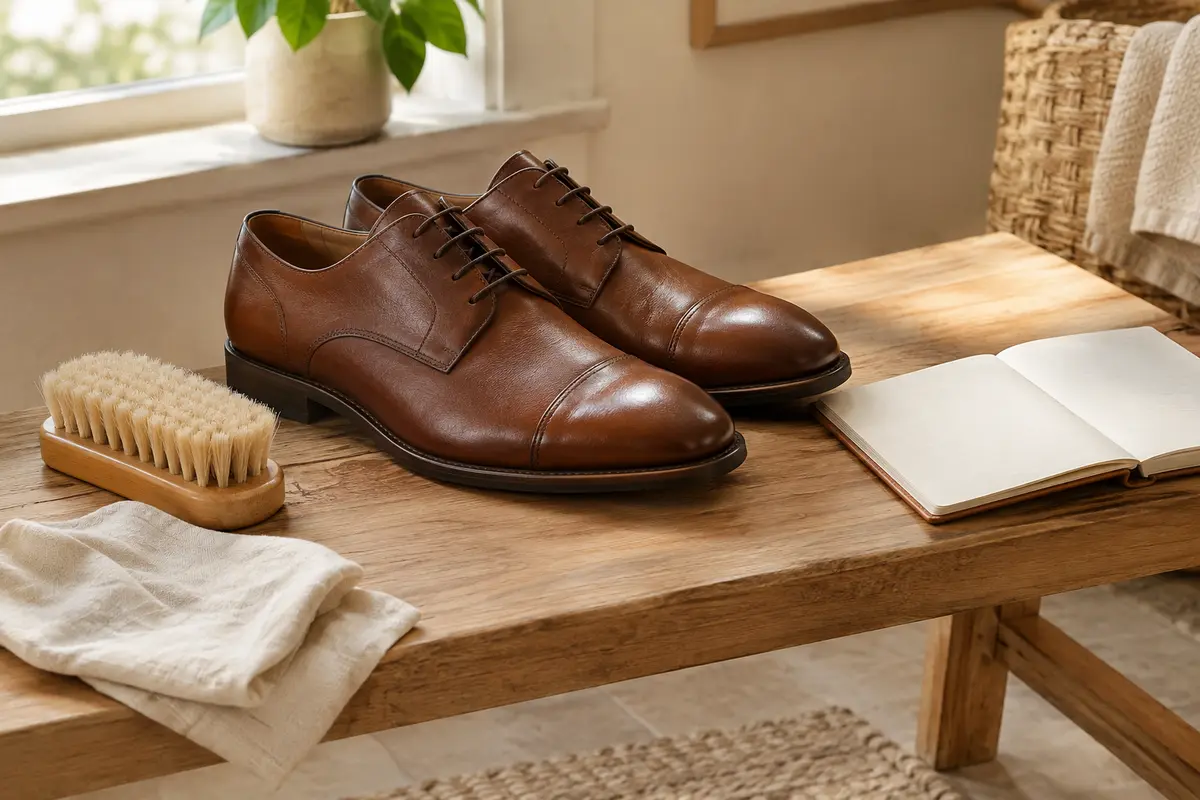 Chaussures de ville posées près d’une brosse et d’un chiffon pour illustrer l’entretien et le choix du quotidien