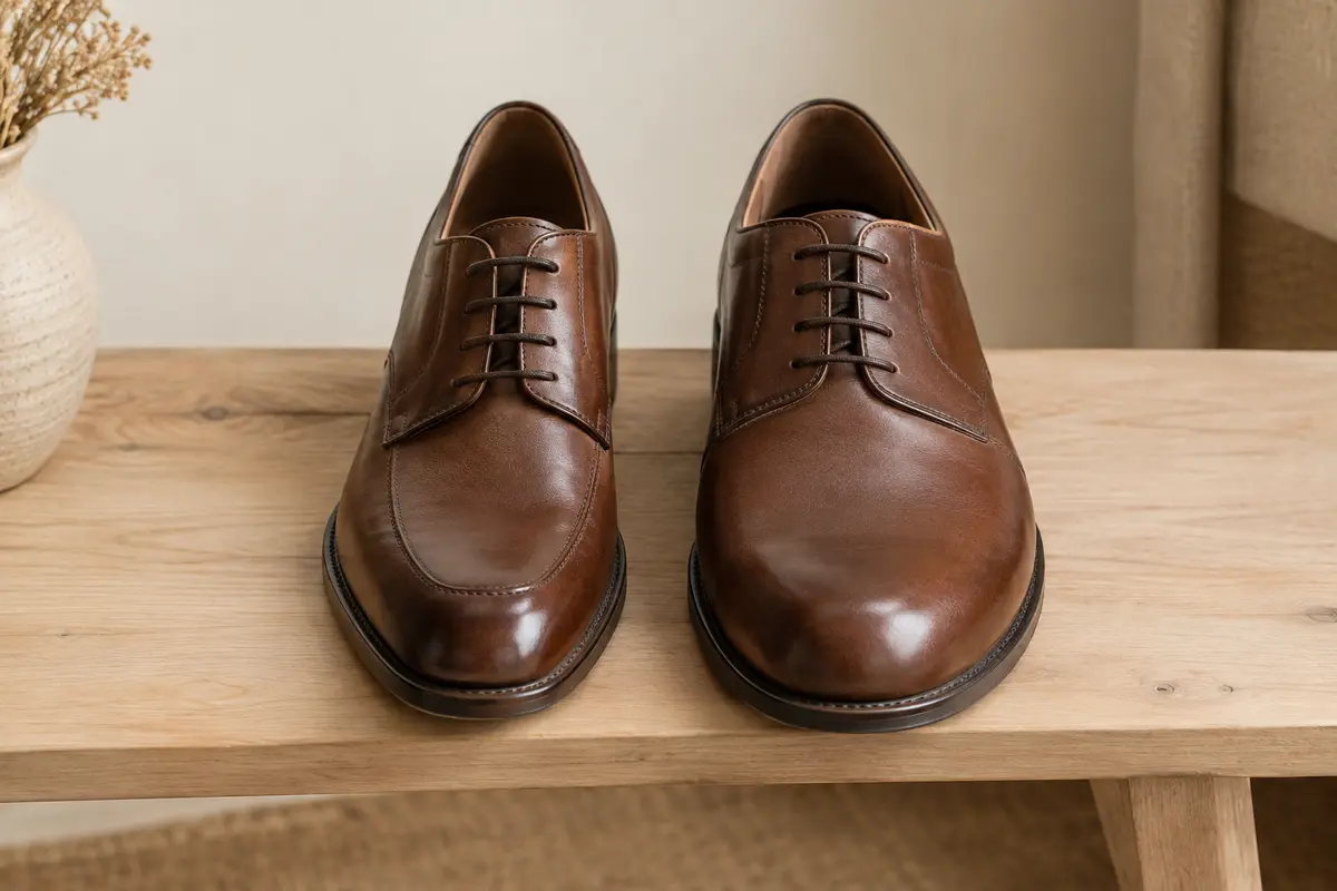 Deux chaussures de ville côte à côte, avec des formes d’avant-pied différentes pour comparer leur largeur.