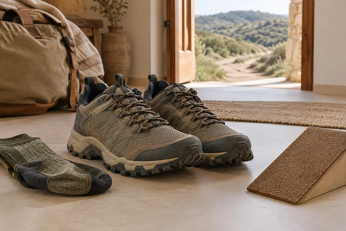 Chaussures de trail lacées près d’un tapis incliné, illustrant l’essai du maintien et de l’espace aux orteils.