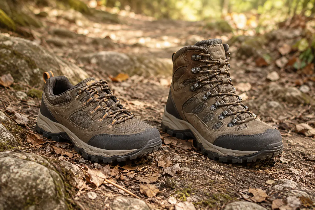 Deux chaussures de randonnée, l’une basse et l’autre montante, posées sur un sentier forestier pierreux.