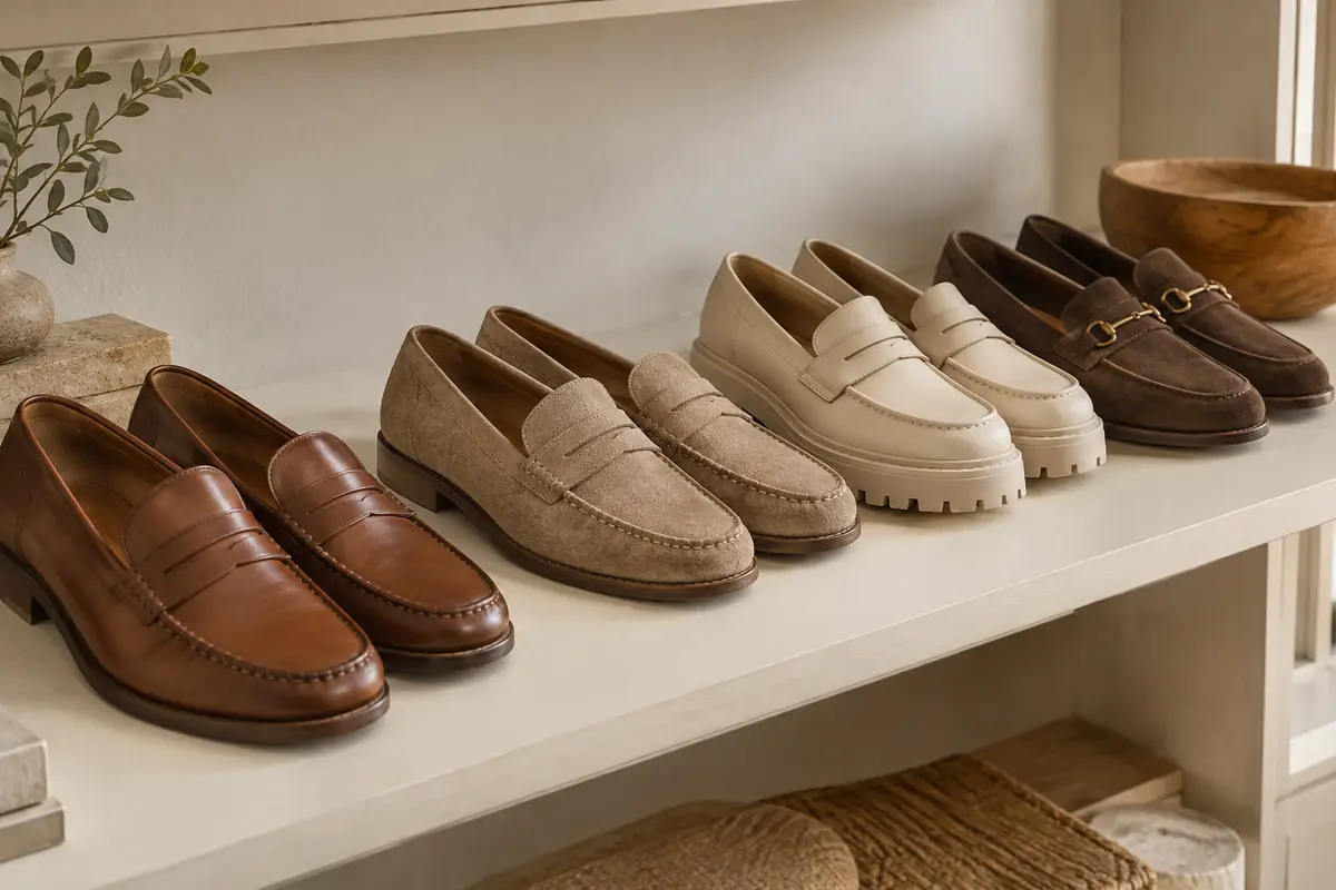 Mocassins de formes et matières différentes présentés côte à côte pour comparer leur style.