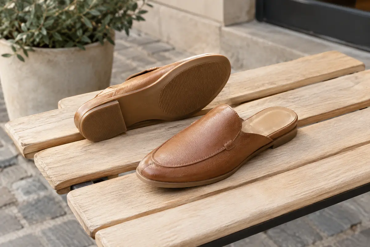 Paire de mules de ville montrant le dessus, la semelle et le relief de la semelle extérieure