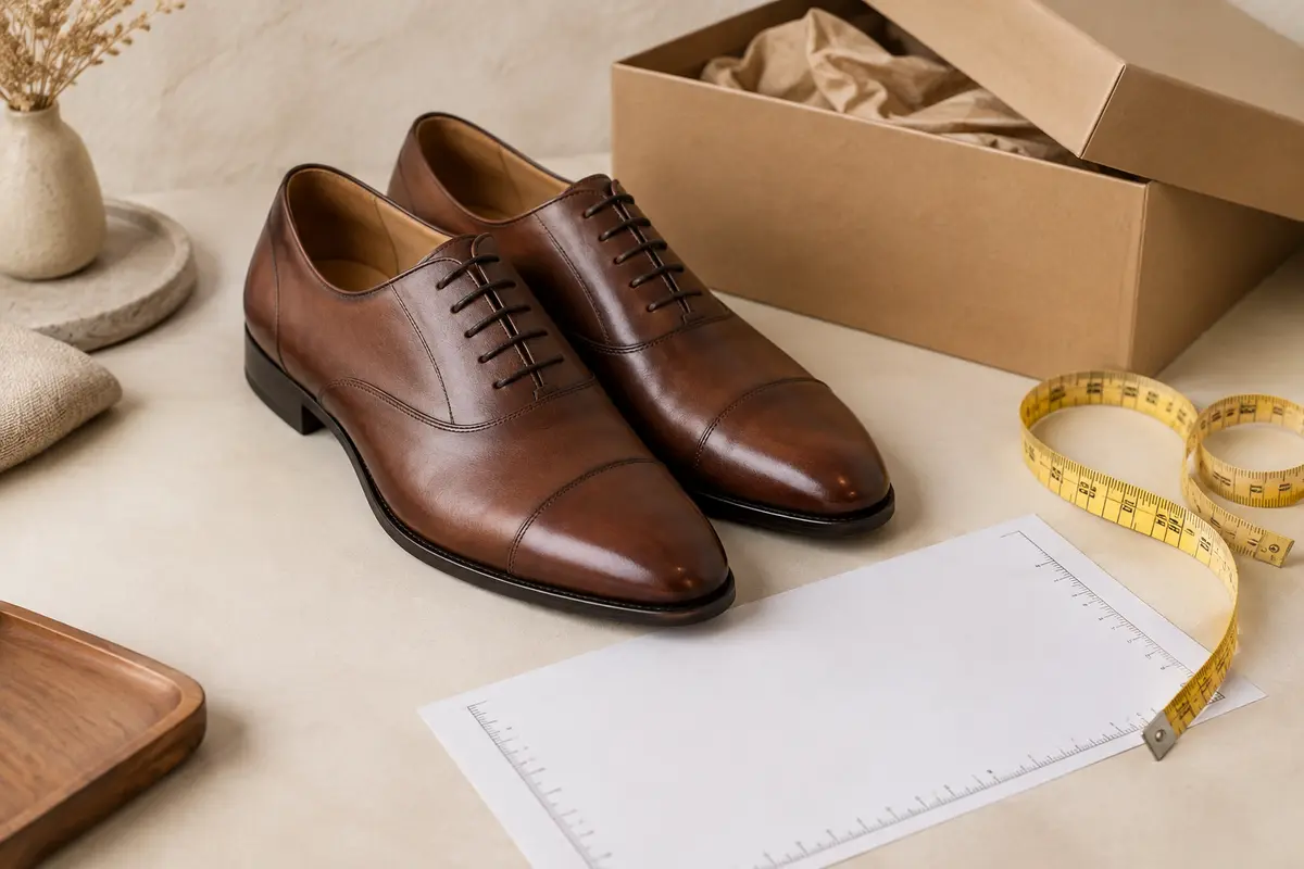 Chaussures de ville et outils de mesure réunis pour comparer une pointure avant un achat en ligne