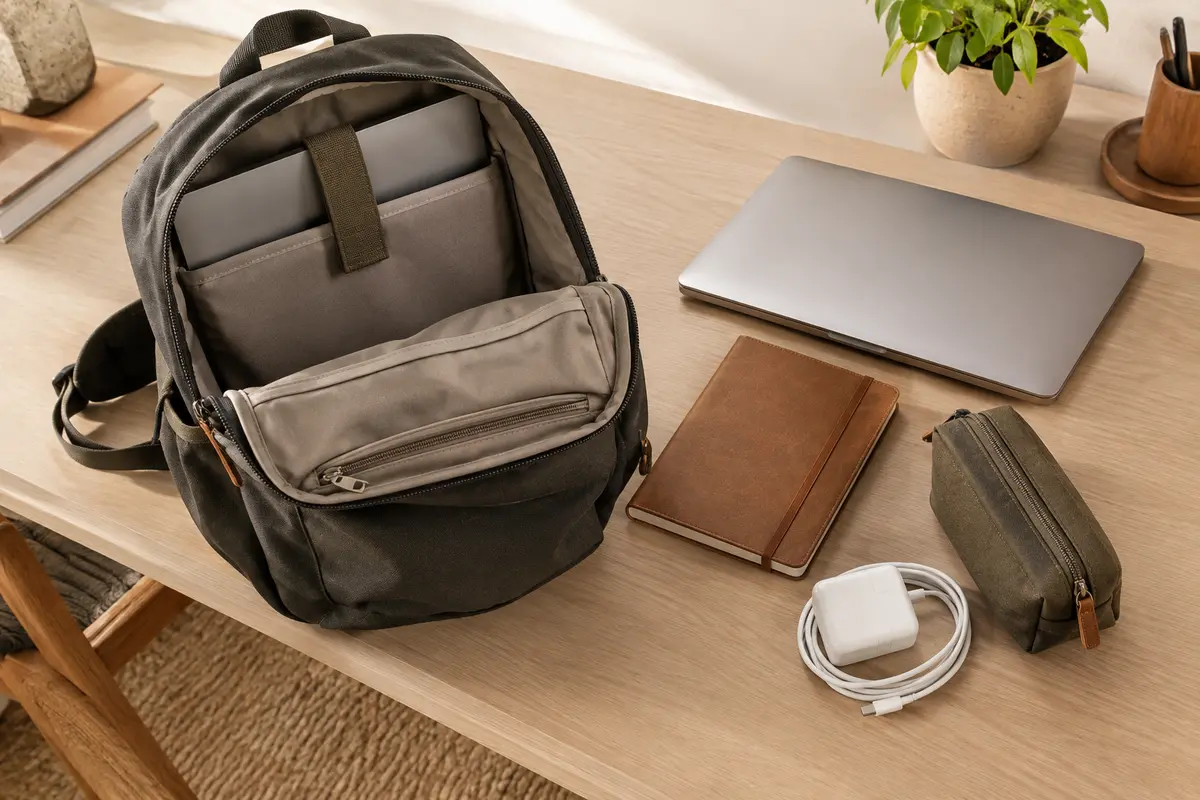 Sac à dos ouvert près d’un ordinateur portable, avec compartiment dédié et accessoires de travail rangés.