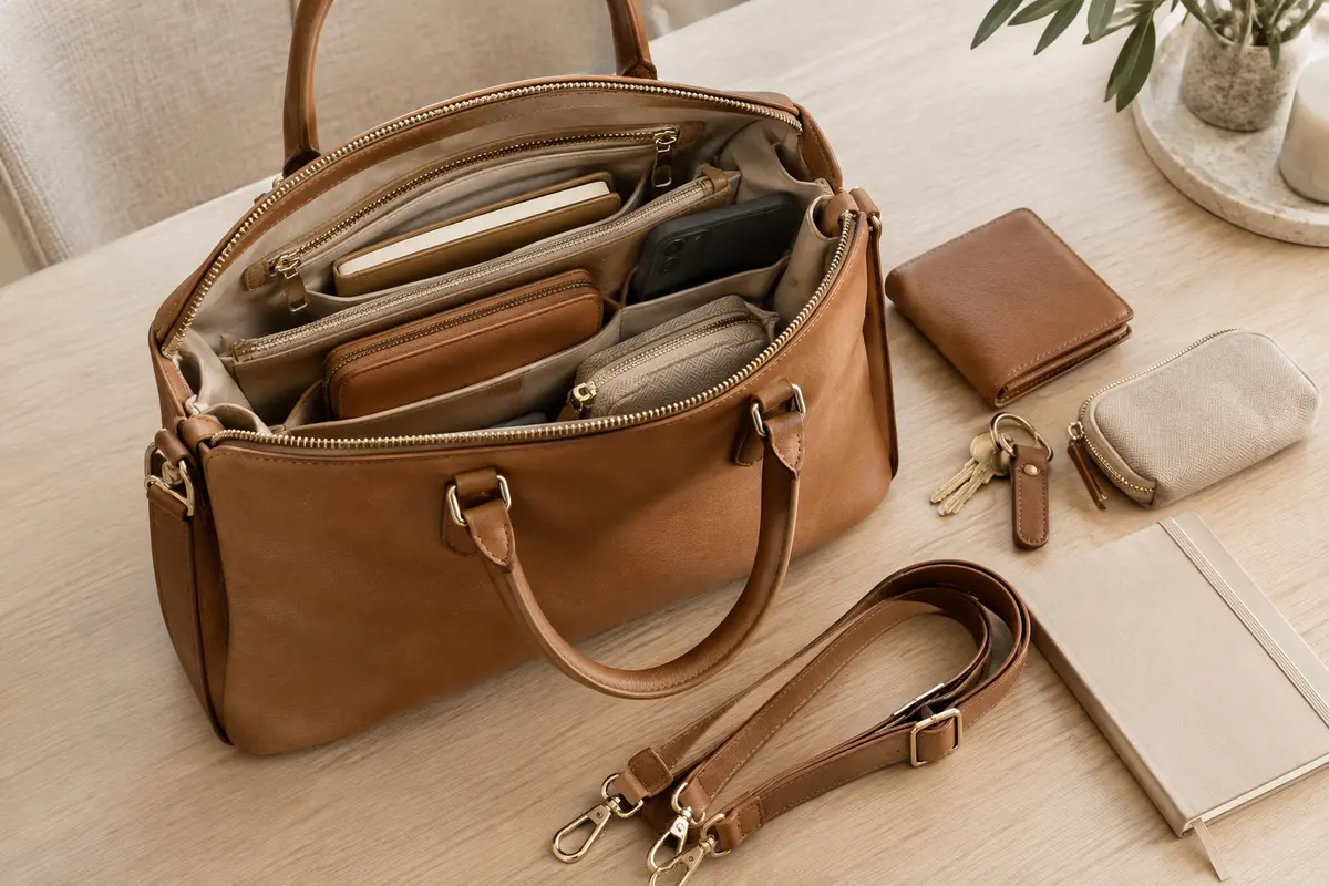 Sac à main ouvert sur une table, avec portefeuille, téléphone et carnet rangés dans ses compartiments.