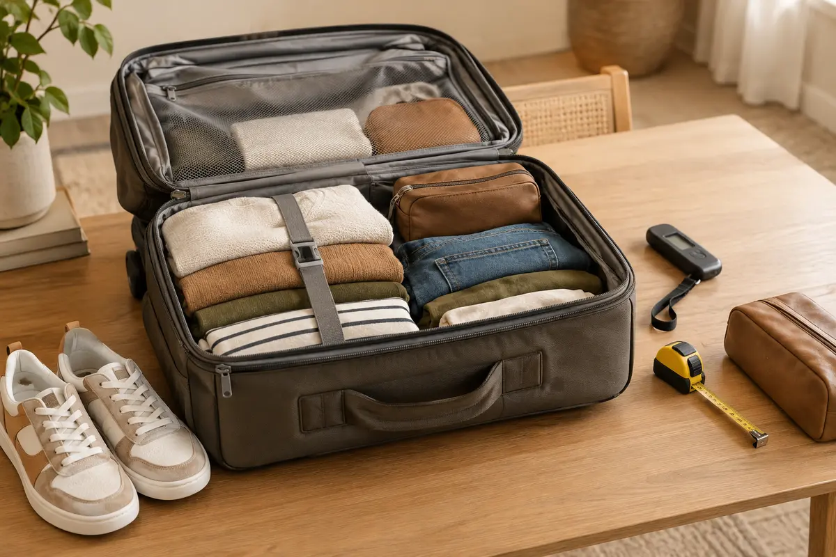Sac cabine ouvert avec vêtements rangés, mètre ruban et balance pour vérifier ses dimensions et son poids.