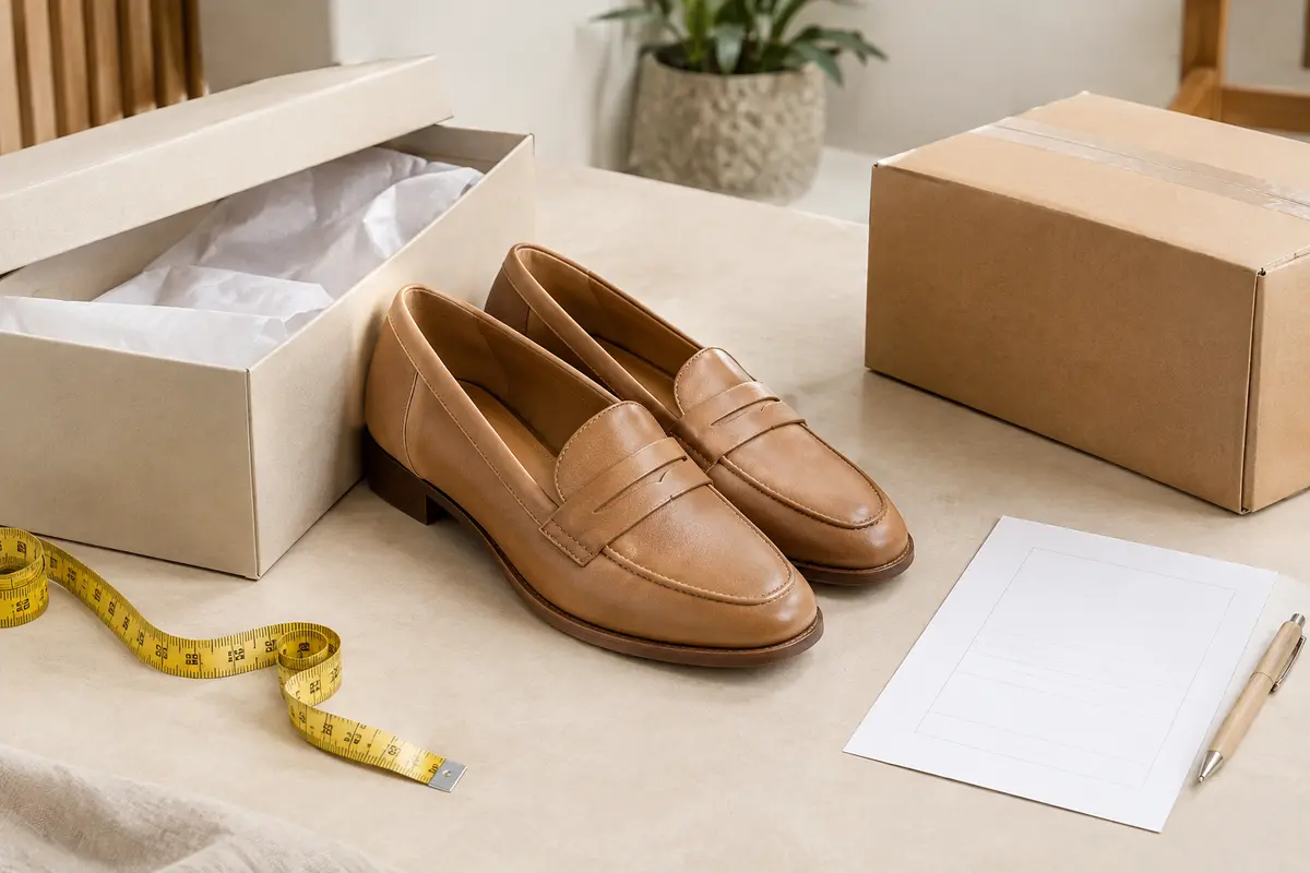 Chaussures près de leur boîte et d’un colis, prêtes pour un essayage et un éventuel retour
