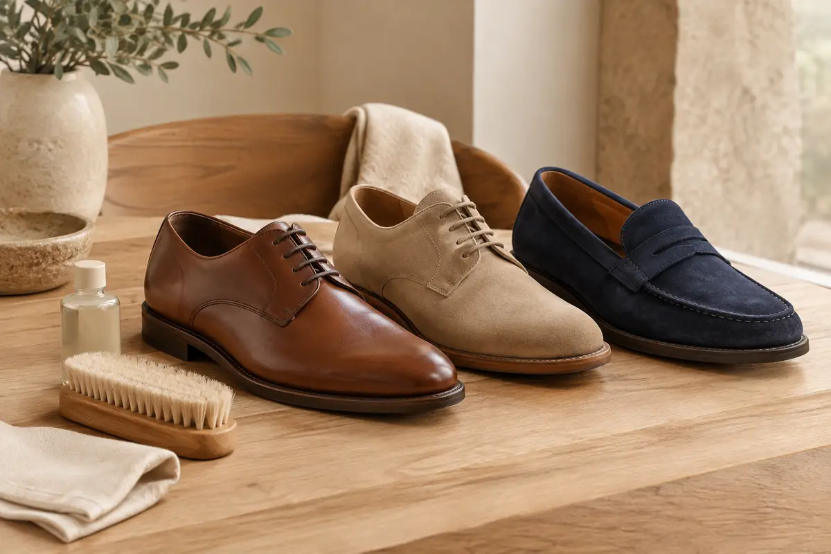 Chaussures en cuir lisse, nubuck et daim réunies avec une brosse douce et un chiffon d’entretien
