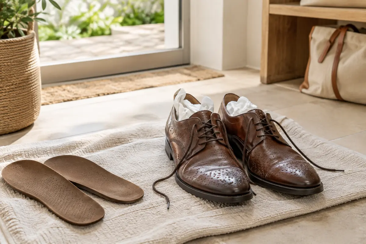 Chaussures en cuir mouillées qui sèchent à l’air libre avec du papier absorbant à l’intérieur.