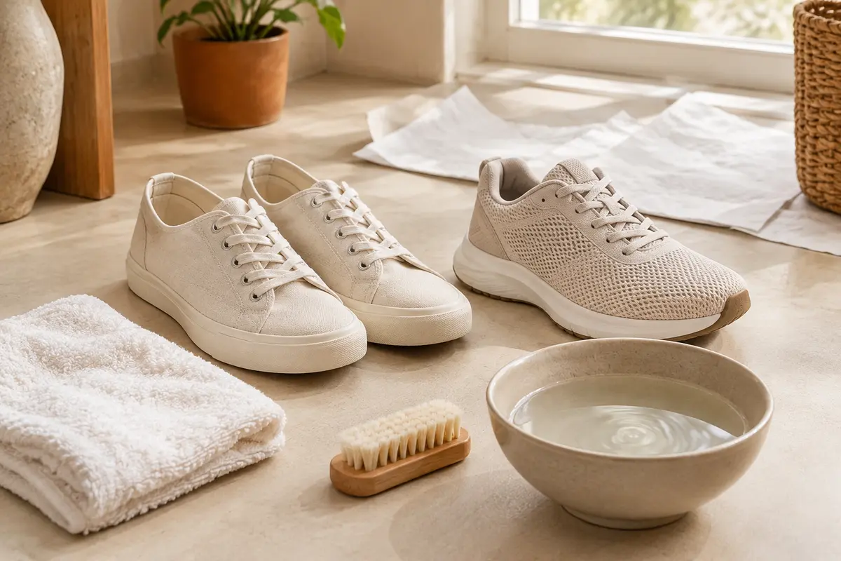 Chaussures en toile et en mesh nettoyées doucement avec un linge avant leur séchage à l’air libre