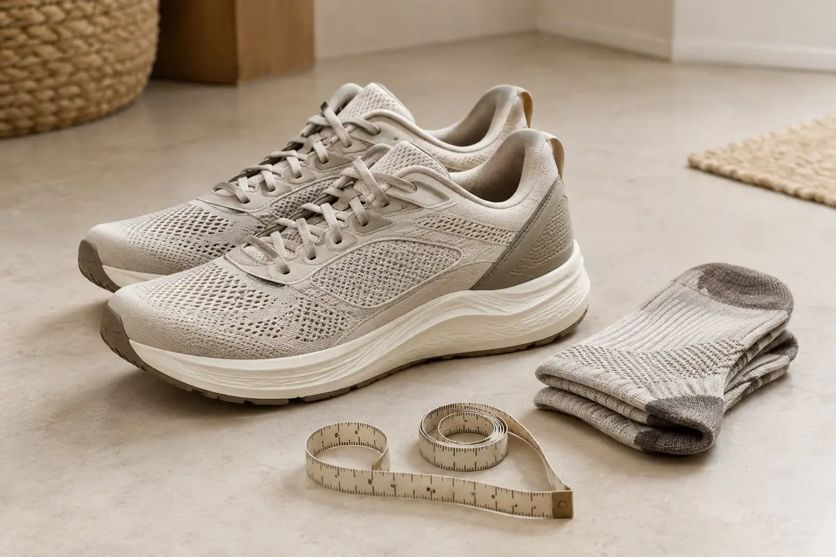 Chaussures de running et chaussettes posées près d’un mètre ruban pour mesurer le pied
