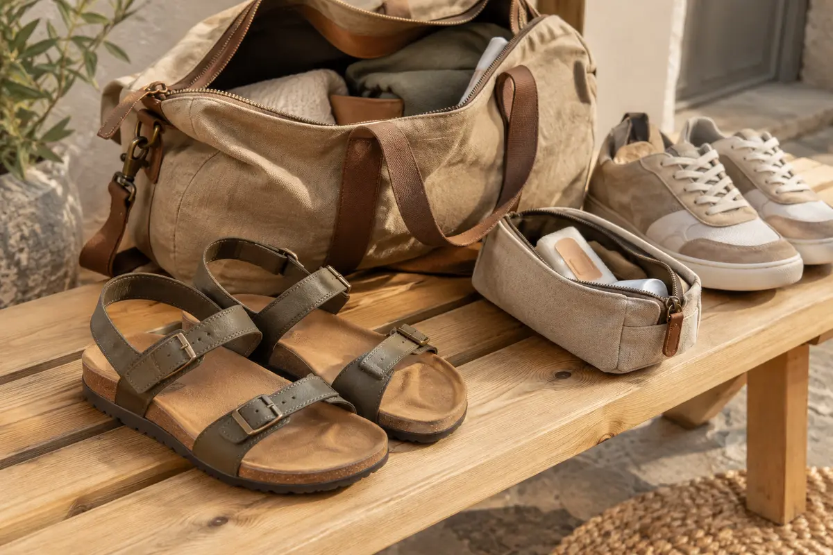 Sandales neuves à brides réglables préparées près d’un sac avant une escapade à pied