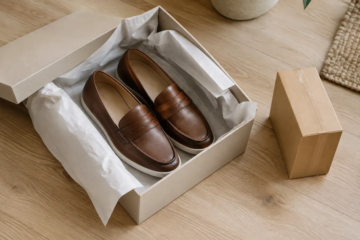 Chaussures propres dans leur boîte ouverte, prêtes à être examinées et emballées pour un retour.