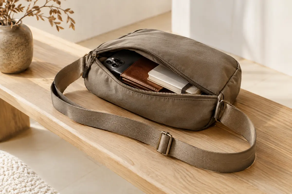 Sac bandoulière à sangle réglable posé sur un banc avec quelques objets du quotidien rangés à proximité.