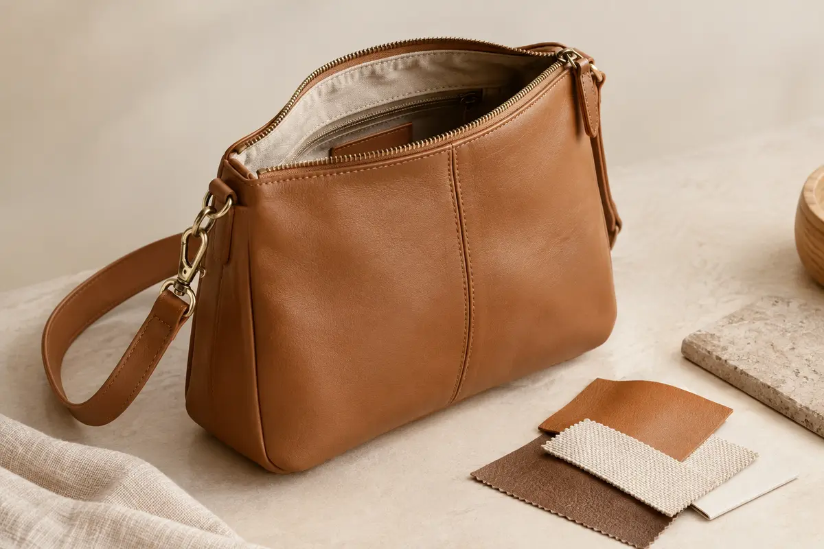 Sac à main photographié de près, avec coutures, fermeture éclair, attache et matières visibles