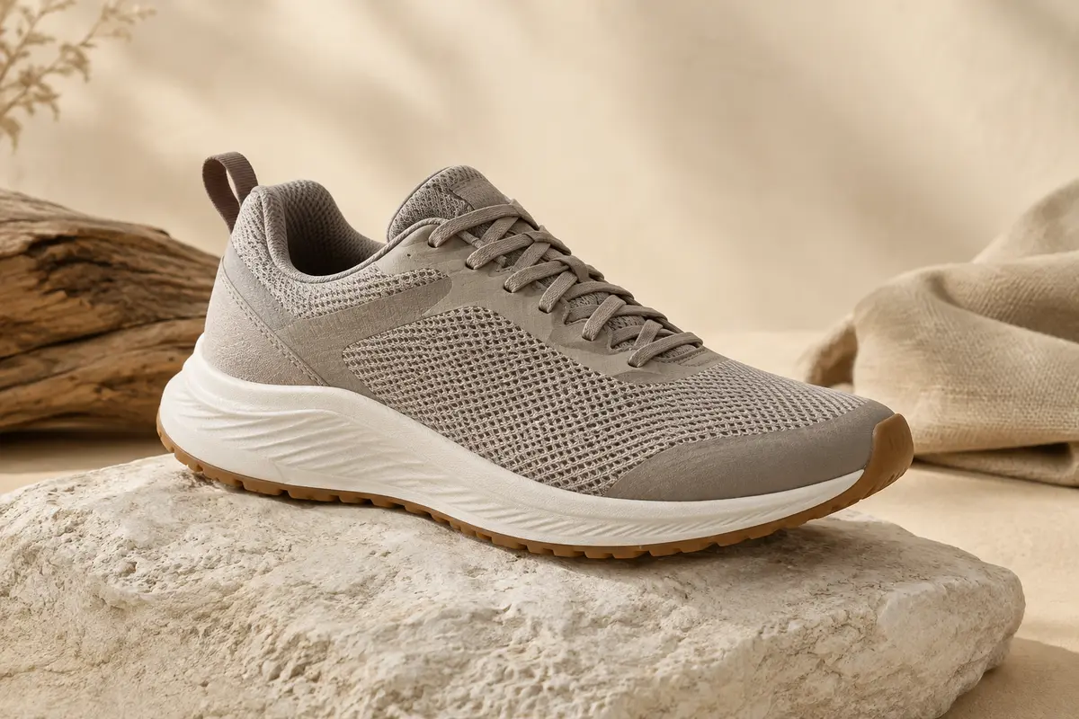 Chaussure de running pour homme en mesh, posée sur une pierre mate dans un décor clair