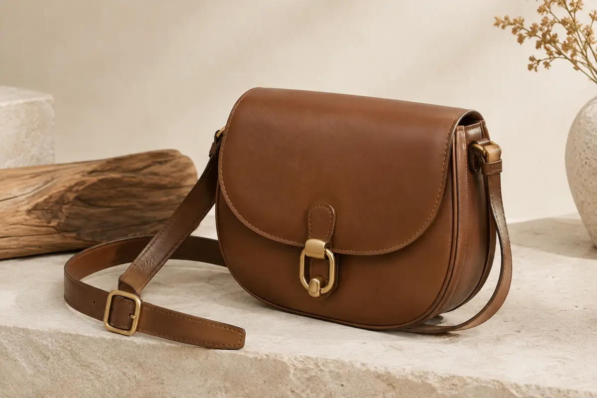 Petit sac bandoulière marron AFKOMST à forme de selle rétro, posé sur un fond ivoire et sable.