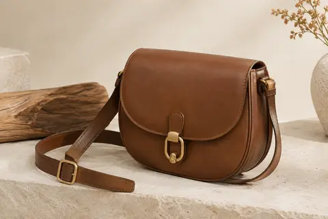 Petit sac bandoulière marron AFKOMST à forme de selle rétro, posé sur un fond ivoire et sable.