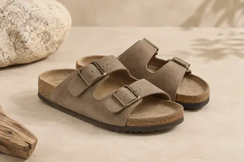 Paire de mules en suède avec deux brides à boucles, lit de pied en liège et semelle synthétique.