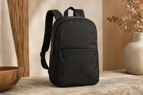 Petit sac à dos AOTIAN noir en nylon, posé sur une surface mate dans un décor aux tons sable et ivoire.