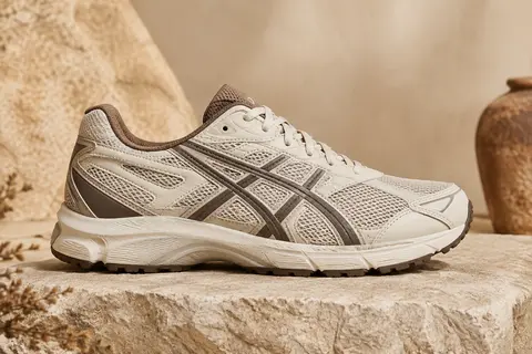 Chaussure de marche ASICS à tige synthétique et lacets, posée sur une pierre mate au ton sable.