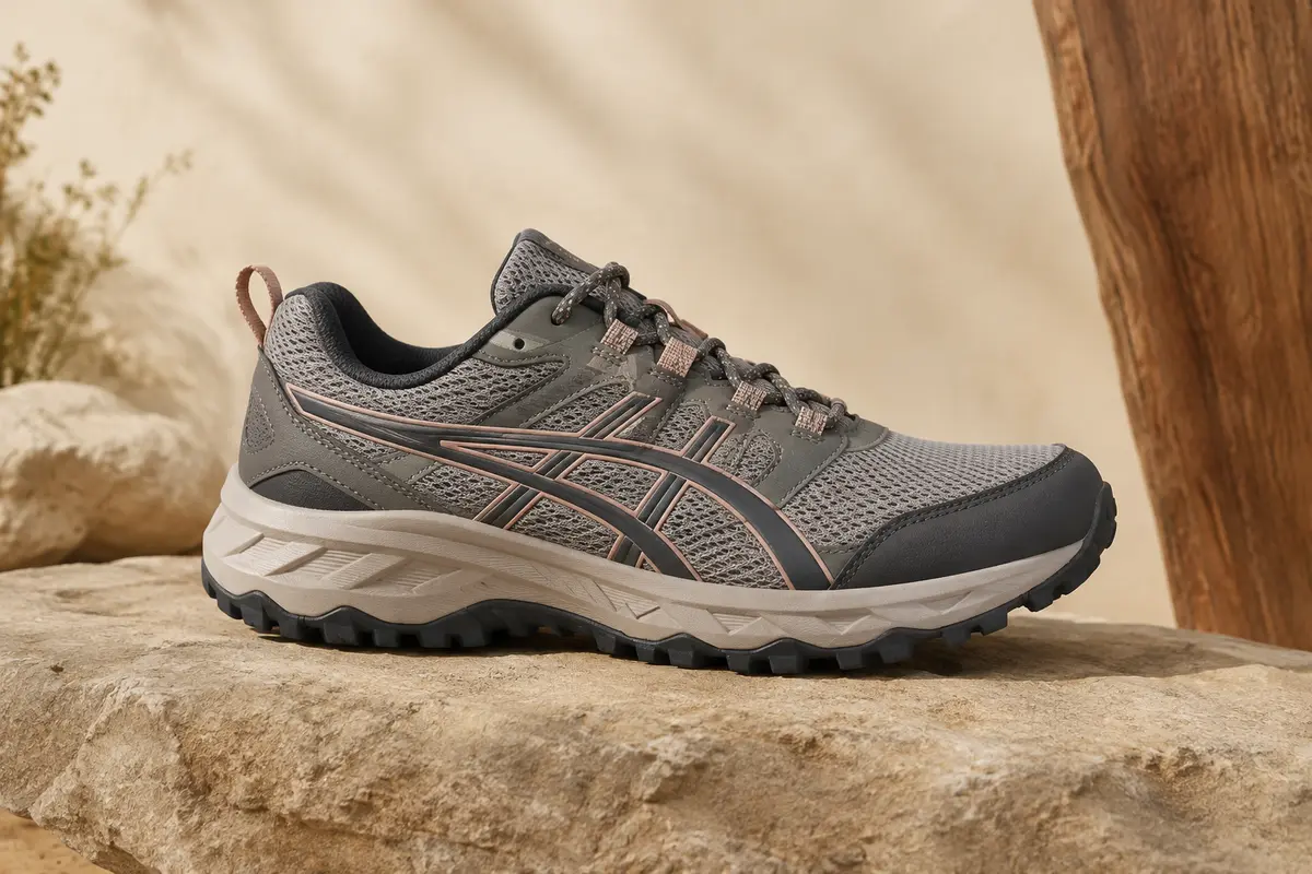 Chaussure de trail ASICS Gel-Venture 11 à tige synthétique et semelle en caoutchouc, posée sur une pierre mate.