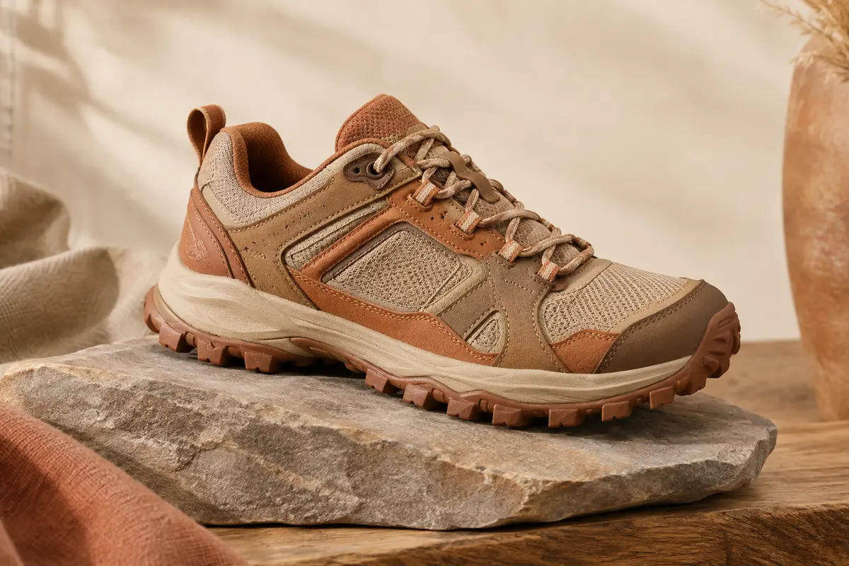 Chaussure de trail à tige synthétique renforcée et semelle en caoutchouc à crampons, posée sur une pierre mate.