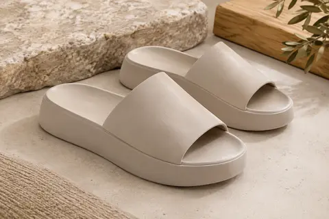 Paire de mules de bain Beco ouvertes à bandeau large, présentées sur un fond clair aux tons sable.