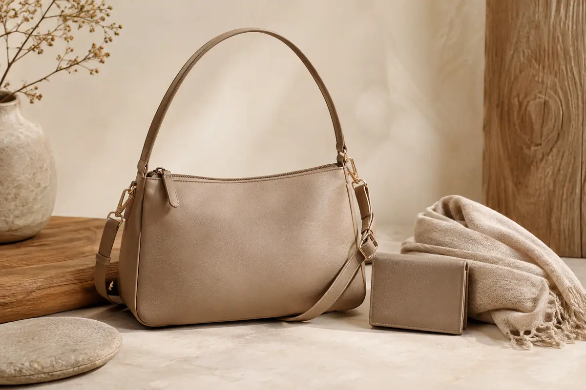 Sac à main en cuir PU avec bandoulière réglable, présenté sur un fond ivoire et sable
