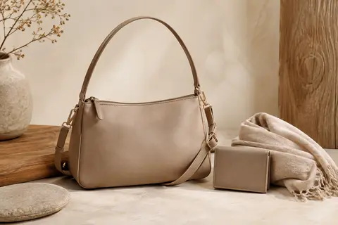 Sac à main en cuir PU avec bandoulière réglable, présenté sur un fond ivoire et sable