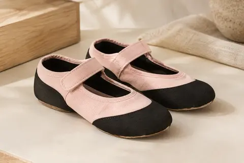 Paire de chaussons de danse rose et noir en toile, avec fermeture à scratch et semelle en croûte de cuir.