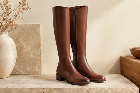 Paire de bottes femme à tige haute en cuir lisse, avec coutures ton sur ton et fermeture éclair