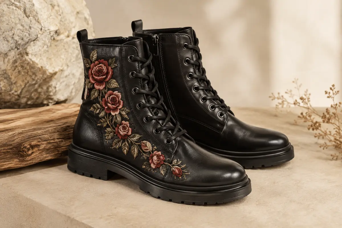 Paire de bottines noires en cuir avec roses brodées sur le côté et semelles en caoutchouc.