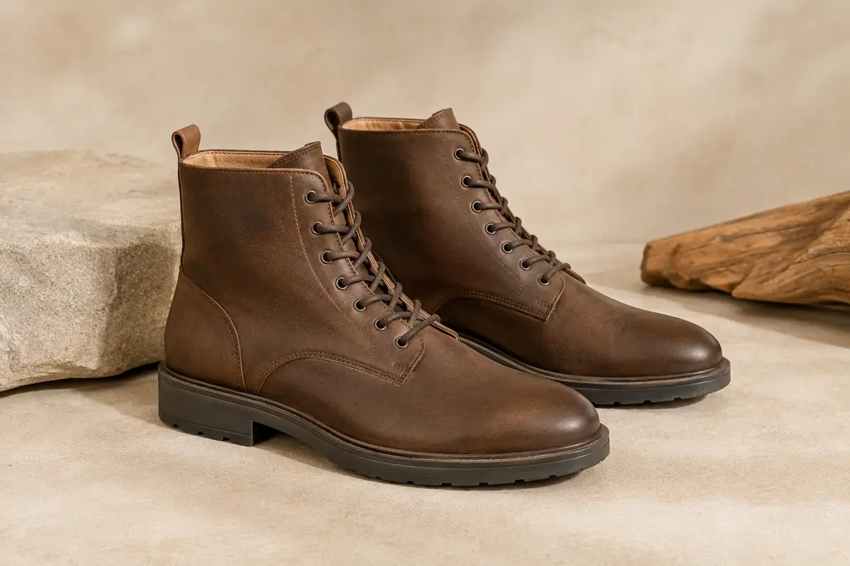 Paire de bottines homme à lacets en cuir, tige cheville et semelles en caoutchouc sur fond sable