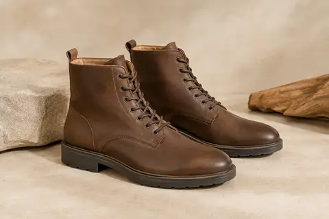 Paire de bottines homme à lacets en cuir, tige cheville et semelles en caoutchouc sur fond sable