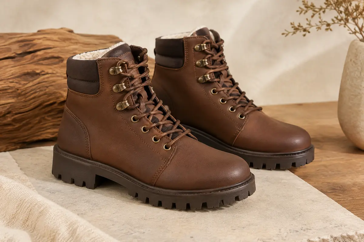 Bottes homme à tige courte avec lacets, doublure en fausse fourrure et semelle crantée