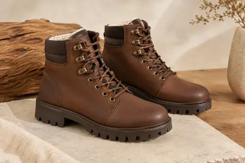 Bottes homme à tige courte avec lacets, doublure en fausse fourrure et semelle crantée