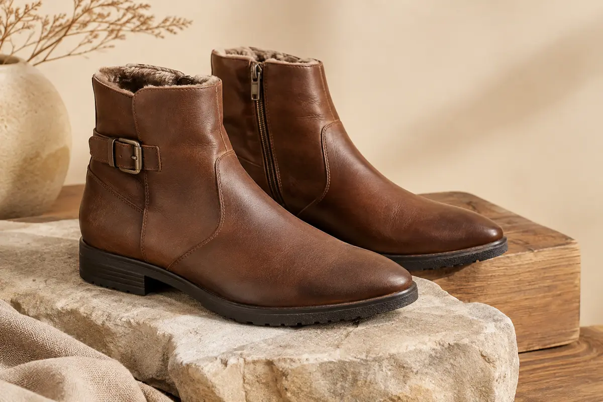 Paire de bottes motardes Bruno Marc brunes en simili cuir, avec boucle et fermeture éclair latérale