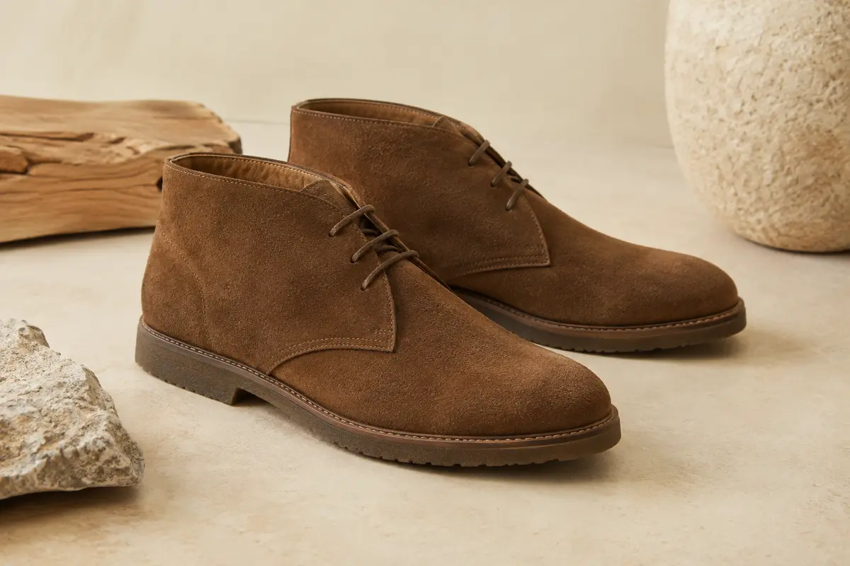 Bottines chukka Bruno Marc en suède brun, à tige cheville et semelle extérieure en TPR