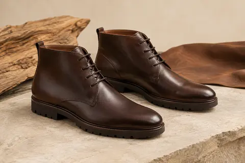 Paire de bottines homme brun foncé en PU lisse, à lacets, avec bout en amande et semelle structurée.