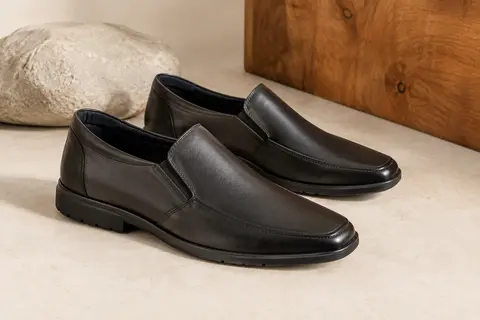 Paire de mocassins de ville à enfiler en simili cuir, à bout carré, présentée sur un fond clair.
