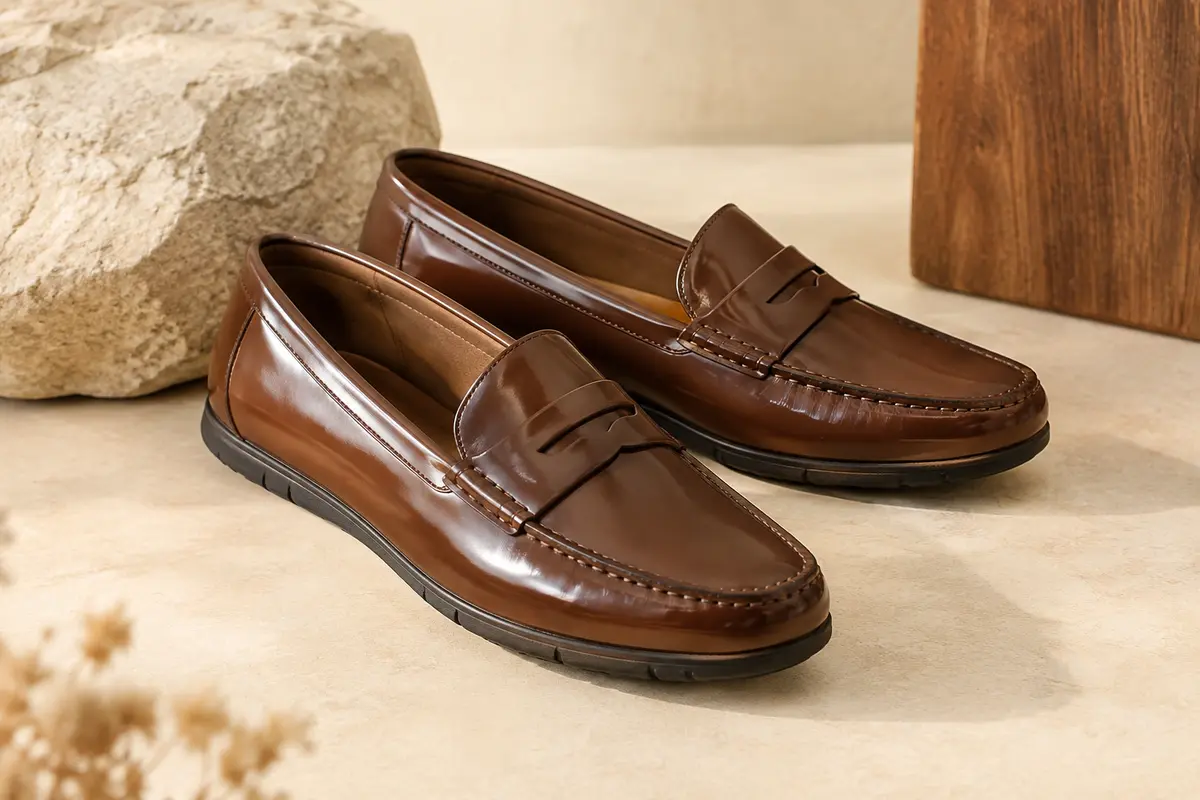 Mocassins homme Bruno Marc à enfiler présentés sur un fond ivoire avec des matières naturelles