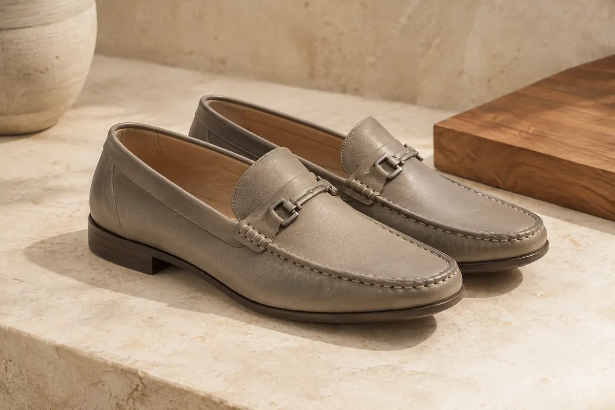 Paire de mocassins homme Bruno Marc à enfiler, avec bout classique cousu et détail métallique.