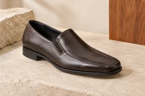 Mocassin homme à bout carré en simili cuir, posé sur un fond ivoire avec des textures de bois et de pierre.