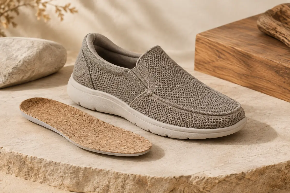 Mocassin Bruno Marc en maille avec semelle EVA, posé sur un fond sable et ivoire