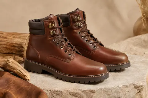 Paire de bottines en cuir lisse avec col matelassé, lacets et crochets métalliques sur une pierre mate.