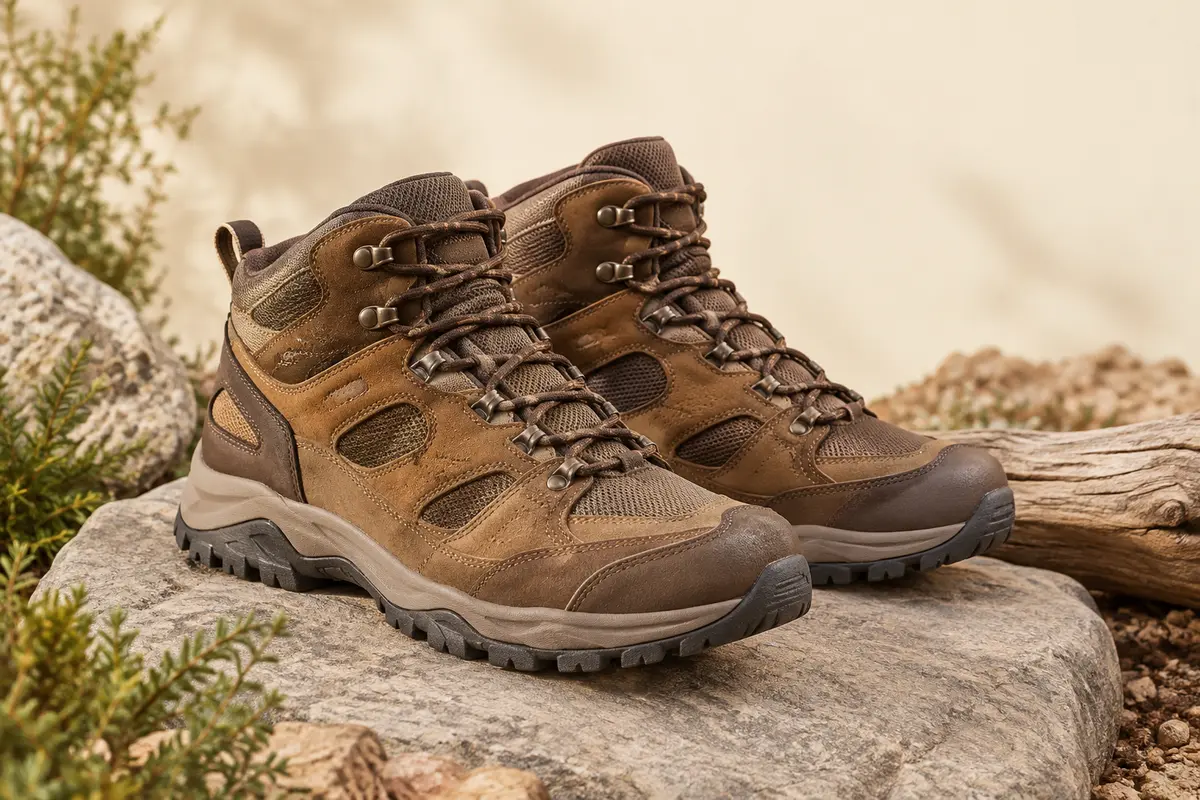 Chaussures de randonnée montantes marron en cuir, suède et maille, posées sur une pierre mate